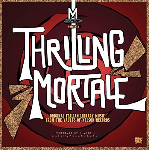 "Red vinyl record cover with 'Thrilling Mortale' in white text and gold accents."