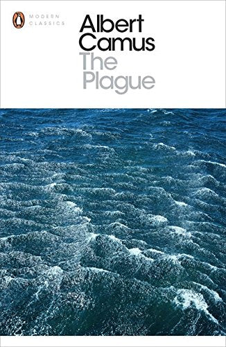 "Book cover of 'The Plague' by Albert Camus, featuring a turbulent ocean scene."