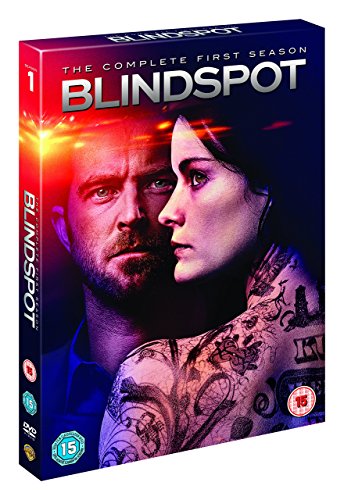 "DVD case for 'Blindspot' featuring a man and woman with a tattooed shoulder."