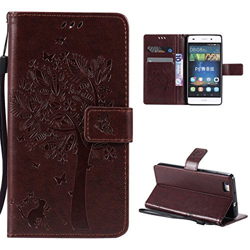Brown leather phone case with embossed tree design, shown from multiple angles.