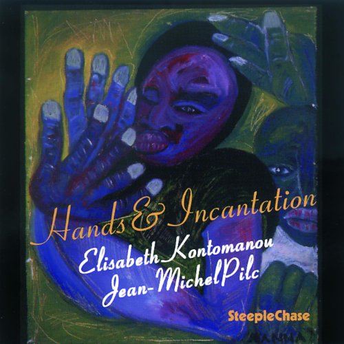 "CD cover art featuring a painted face with hands, titled 'Hands & Incantation'."