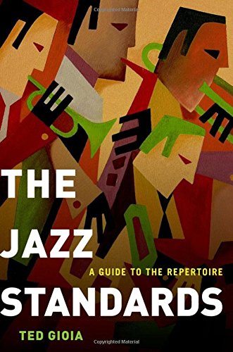 "The Jazz Standards" book cover featuring abstract jazz musicians in cubist style, colorful background.