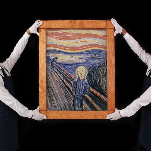 A framed version of Edvard Munch's "The Scream" artwork is being held by gloved hands.