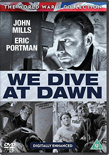 DVD cover for "We Dive At Dawn" with black and white images of men.