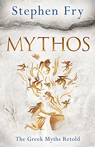 "Book cover with 'Mythos' title, gold illustrations, and 'National Book Awards' badge on stone texture."