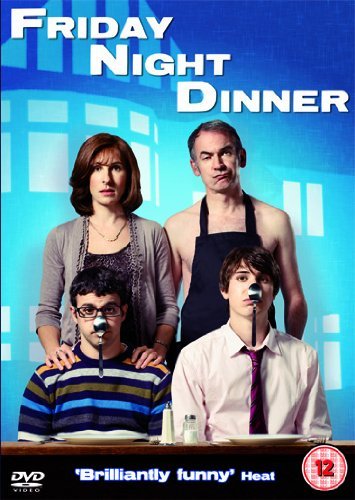 "Friday Night Dinner DVD cover featuring a family of four with fake moustaches."