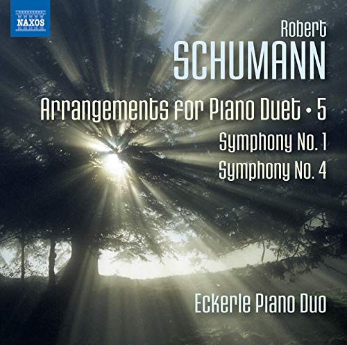"CD cover with forest scene, sunlight, and white text listing 'Schumann' and 'Eckerle Piano Duo'."
