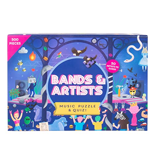 Bands & Artists Music Puzzle & Quiz. 500 Piece Jigsaw Puzzle with 50 Hidden Song Titles. Quiz Sheet & Answers Included.
