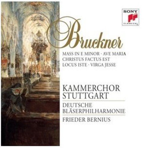 "CD cover with church painting and text listing Bruckner's musical compositions."