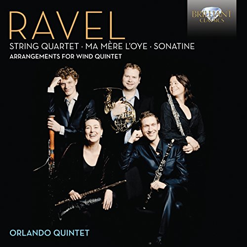 The image shows a CD cover featuring five musicians holding wind instruments. The musicians, dressed in formal attire, are posed together against a dark background, with the title "Ravel" prominently displayed at the top. A suitable alt text could be: "CD cover with five musicians holding wind instruments."