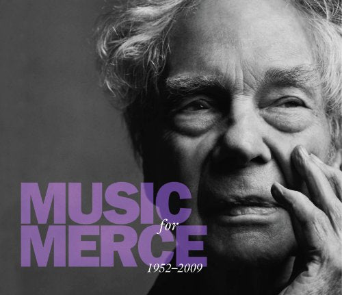 "CD cover with black-and-white photo of Merce Cunningham and purple 'MUSIC for MERCE' text."