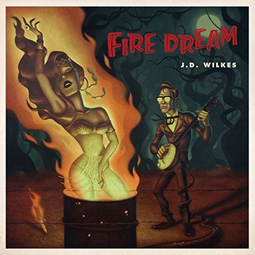 Album cover art: cartoon man playing guitar beside a burning woman in a barrel.