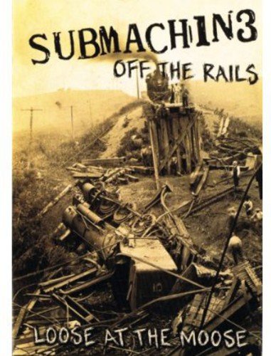 "Sepia-toned album cover with derailed train wreck and text 'Submachine3 Off The Rails'."