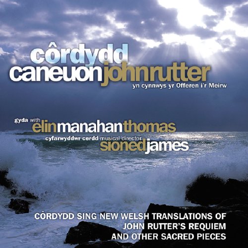 "CD cover with ocean waves and cloudy sky, featuring bilingual text in Welsh and English."