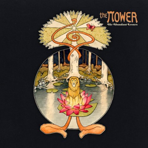 Vinyl album cover with lion on lotus flower, surrounded by forest scene, on black background.