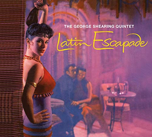 "Album cover with a woman in red dress and men in a dimly lit room."