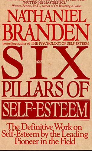 The image depicts a book cover with a beige background and red text. "Book cover with beige background and red text, titled 'Six Pillars of Self-Esteem'."