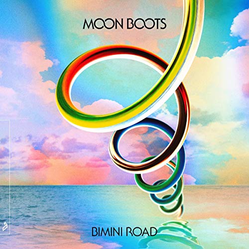 "Album cover with rainbow spiral over a pastel sky and ocean reflection."