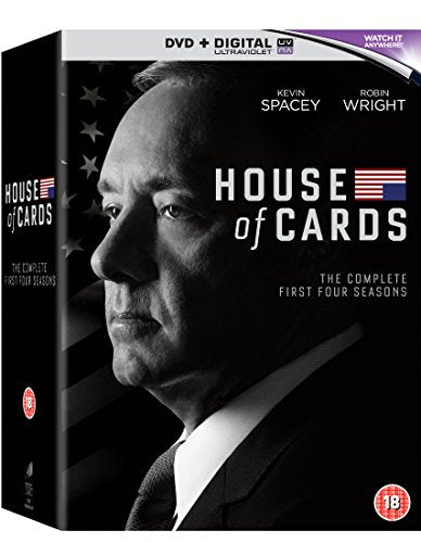 "Black DVD case with 'House of Cards' title and a man's profile against an American flag."