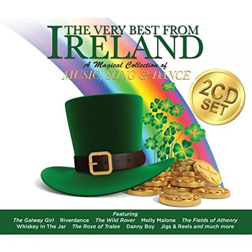 "CD cover featuring a green top hat, shamrocks, and gold coins on a rainbow background."