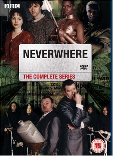 DVD cover for "Neverwhere" featuring a man and woman with four other characters.