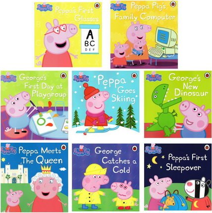 "Children's book cover featuring Peppa Pig in a conductor's hat holding a ticket."