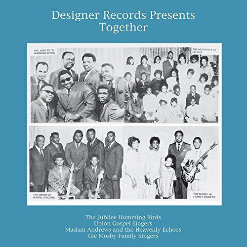 "Blue album cover with four black and white group photos and white text."