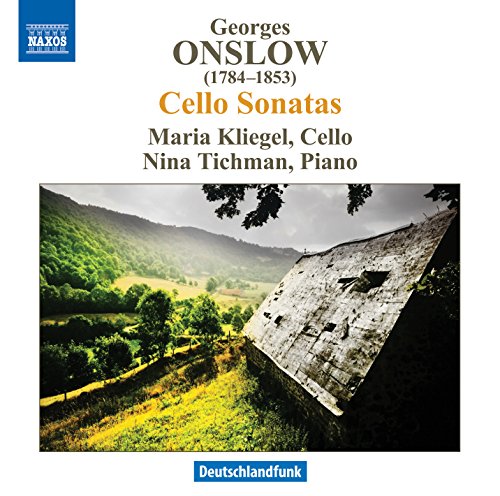 "CD cover featuring a landscape photo and text about Onslow's cello sonatas."