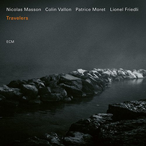 "Album cover with dark, misty seascape and rocky shoreline, featuring 'Travelers' title and artist names."