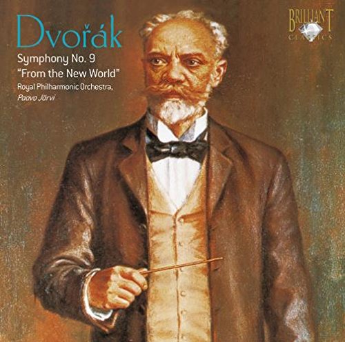 "CD cover with a portrait of Dvorak holding a conductor's baton."