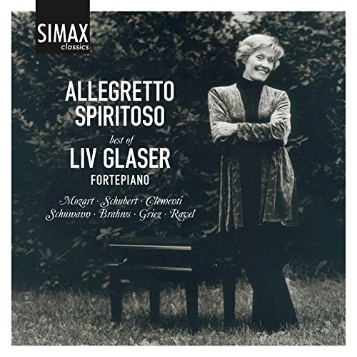 Black and white CD cover featuring a woman standing beside a piano.