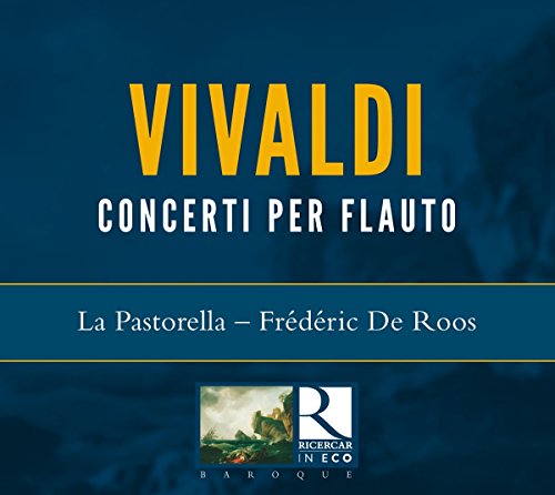 The image is a CD cover. "Blue CD cover with 'VIVALDI' in yellow and 'CONCERTI PER FLAUTO' in white."