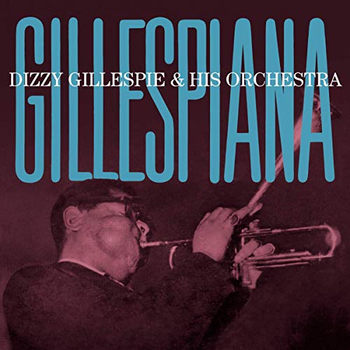 "Dizzy Gillespie playing trumpet on a dark red album cover with blue and white text."