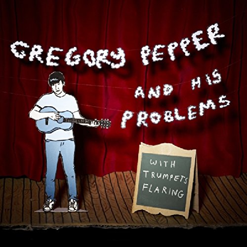 "Album cover featuring a cartoon man playing guitar on stage with a chalkboard sign."