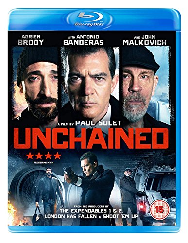 "Blu-ray case for 'Unchained' with three men on the cover, holding guns."