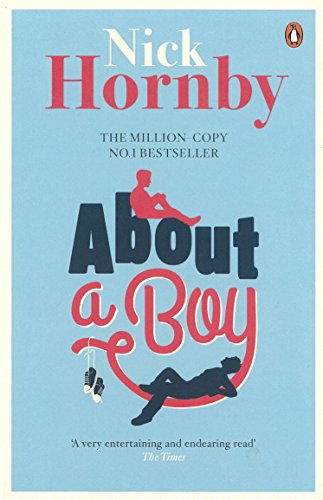 "Book cover of 'About a Boy' by Nick Hornby, featuring sneakers and colorful background."