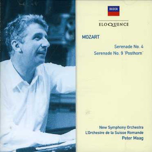 "CD cover with conductor Peter Maag and Mozart's Serenade information on a yellow background."