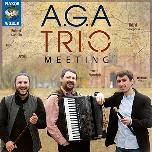 "CD cover featuring three men with musical instruments, map in the background."