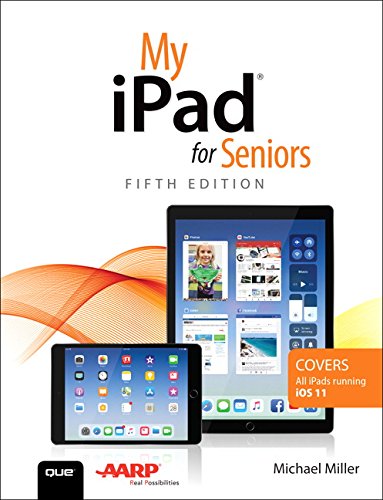 "Book cover with title 'My iPad for Seniors' and orange wavy design on white background."