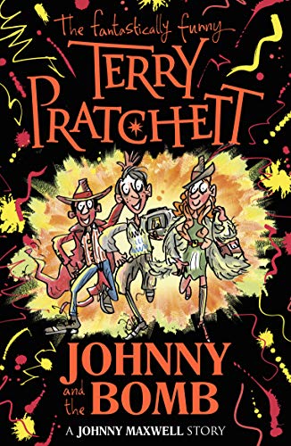 "Book cover with cartoon boys and explosion, by Terry Pratchett, on black background."