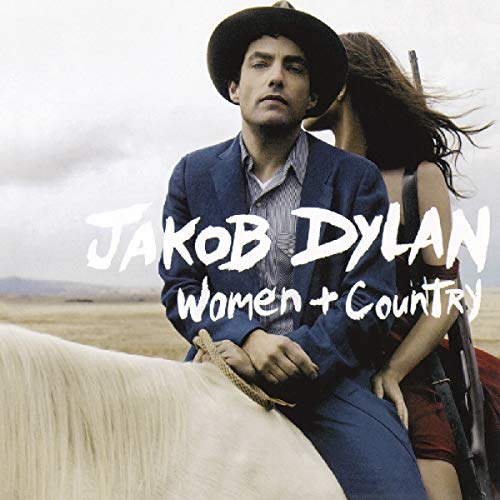 "Album cover with man on horse, woman behind him, in a field."