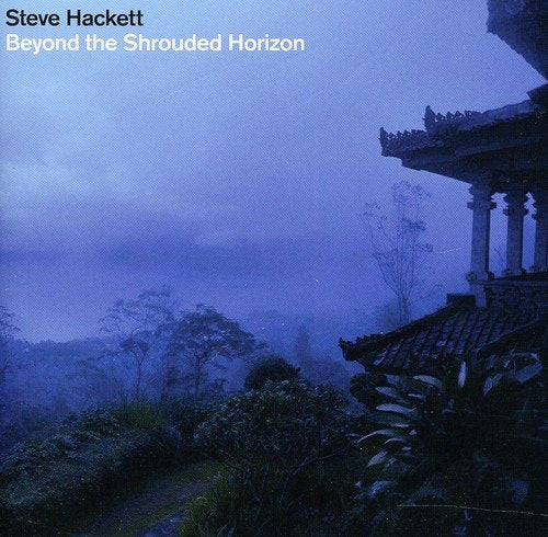 "CD album cover with foggy landscape, temple, and foliage, titled 'Beyond the Shrouded Horizon'."