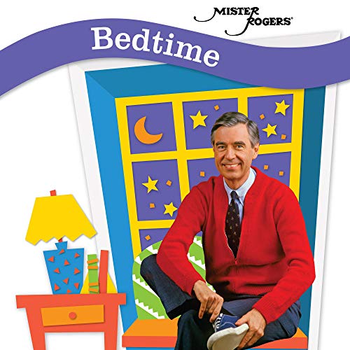 "Mister Rogers in red sweater sitting on bed with nightstand and starry window."