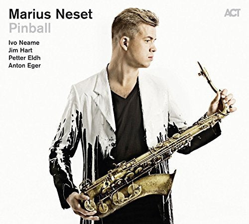 Man holding saxophone, wearing white and black jacket, on album cover with white background.