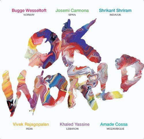 "Album cover with 'OK World' in colorful, marbled letters on a white background."