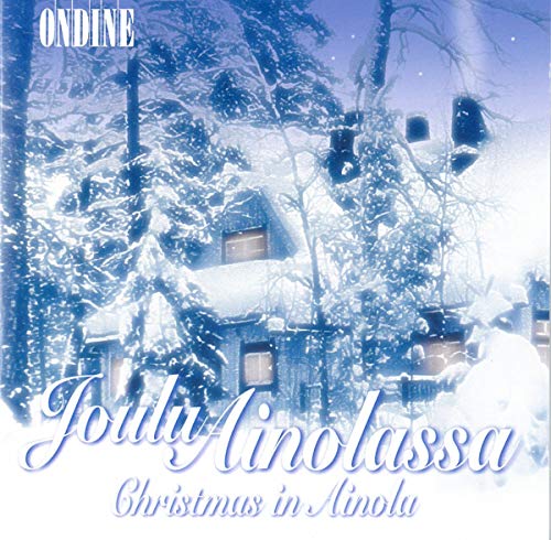 Snowy house with trees and bells, "Christmas in Ainola" text overlay in blue script.
