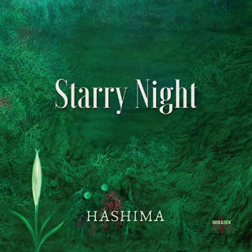 "Album cover with green floral pattern, white text 'Starry Night' and 'Hashima' on dark background."
