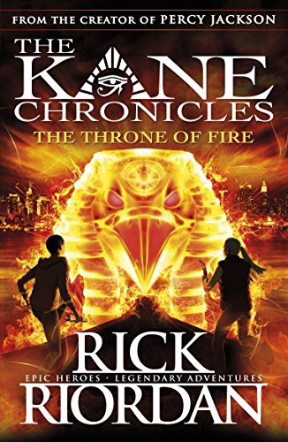 "The Throne of Fire" book cover with fiery throne and silhouetted figures.