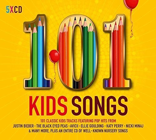 "CD cover with '101' made of colored pencils, red balloons, on a yellow background."
