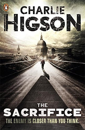 Book cover: person walking on bridge towards domed building, dark and cloudy sky.